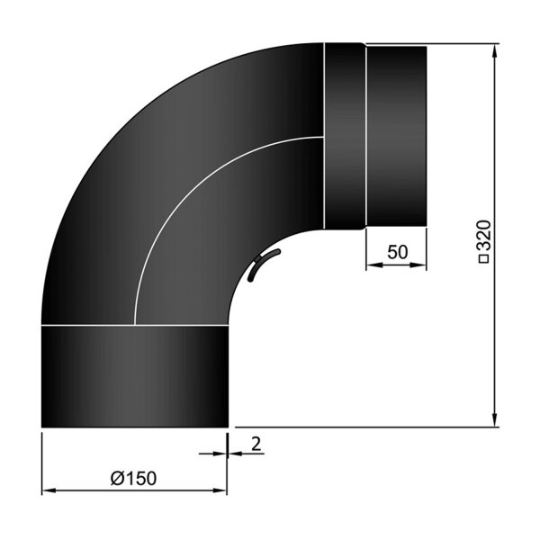Ofenrohr Bogen gezogen 90°, mit Tür 150 mm schwarz