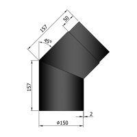Ofenrohr Bogen 45° ohne Tür 150 mm, schwarz