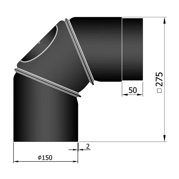 Ofenrohr Bogen verstellbar 0-90°, mit Tür 150 mm schwarz