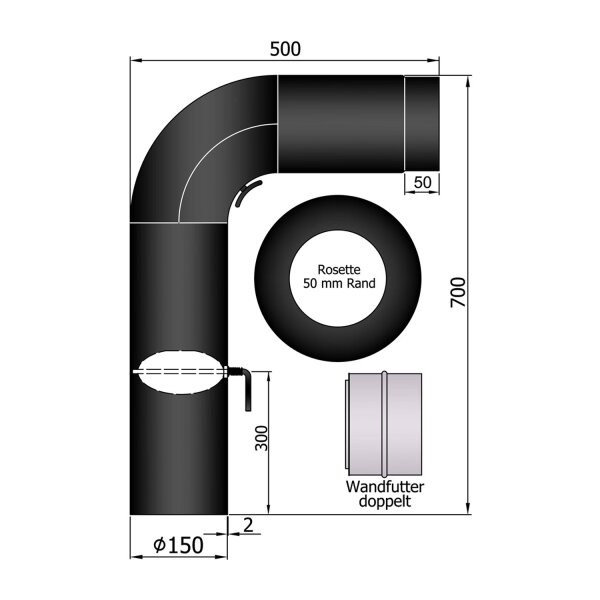 Ofenrohr Rohrset Rund gezogen inkl. Rosette und Doppelwandfutter (700x500mm) Ø 150 mm schwarz