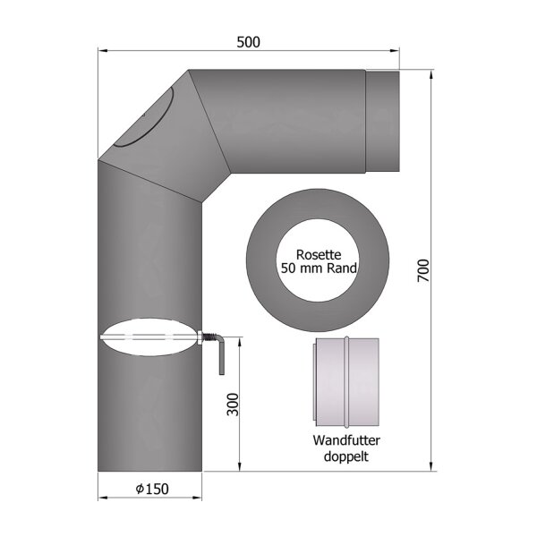 Ofenrohr Rohrset Standard inkl. Rosette und Doppelwandfutter (700x500mm) Ø 150 mm dunkelgrau