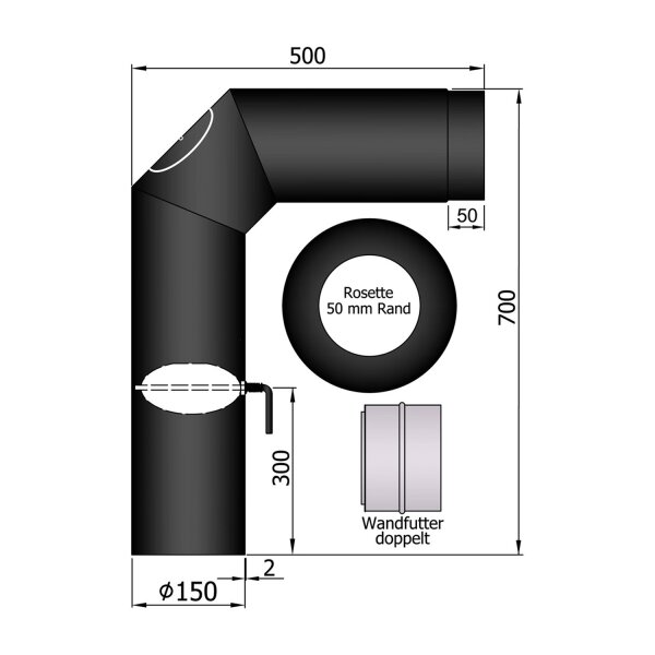 Ofenrohr Rohrset Standard inkl. Rosette und Doppelwandfutter (700x500mm) Ø 150 mm schwarz