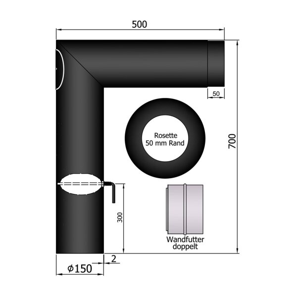 Ofenrohr Rohrset Spitz inkl. Rosette und Doppelwandfutter (700x450mm) Ø 150 mm schwarz
